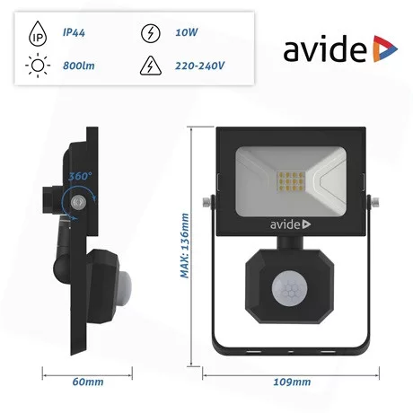 Avide Led Reflektor Slim Smd 10W Nw 4000K Mozgásérzékelős Abssflnw-10W-Pir