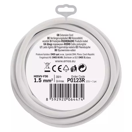 Emos HOSSZABBÍTÓ 3 M / 1 ALJZAT / FEHÉR / PVC / 1,5 MM2 P0123R