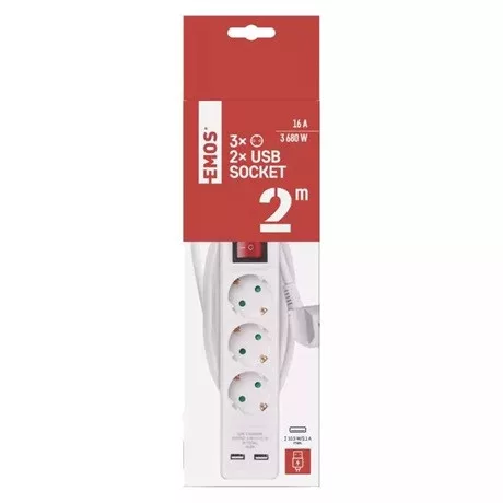 Emos HOSSZABBÍTÓ 2 M / 3 ALJZAT / KAPCSOLÓS / USB / 1,5 MM2 P1322RU
