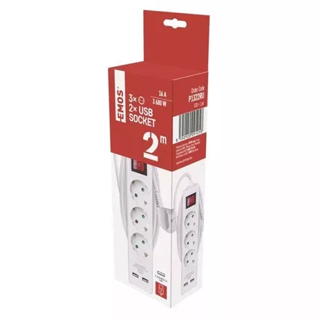 Emos HOSSZABBÍTÓ 2 M / 3 ALJZAT / KAPCSOLÓS / USB / 1,5 MM2 P1322RU