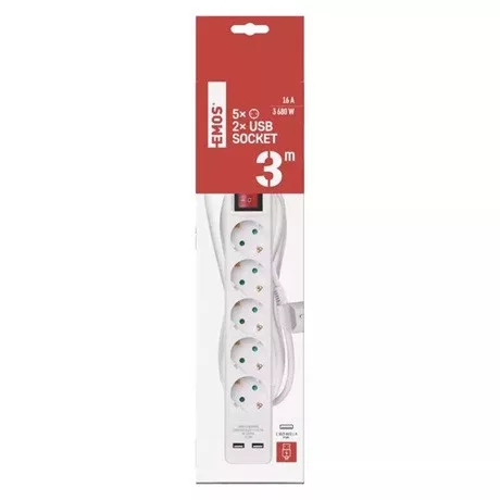 Emos HOSSZABBÍTÓ 3 M / 5 ALJZAT / KAPCSOLÓS / USB / 1,5 MM2 P1523RU