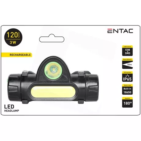 ENTAC FEJLÁMPA 3W BEÉPÍTETT 18650 AKKUMULÁTORRAL EHL-3W-180R
