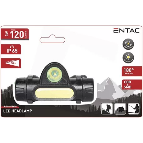 ENTAC FEJLÁMPA 3W BEÉPÍTETT 18650 AKKUMULÁTORRAL EHL-3W-180R