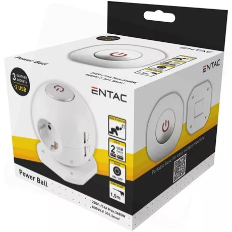 Entac GÖMB ELOSZTÓ 3 FOGLALATTAL, 2X2.1A USB-VEL KAPCSOLÓVAL 1.5M 3G1.5 ESC1.5G3-USB-GLOBE