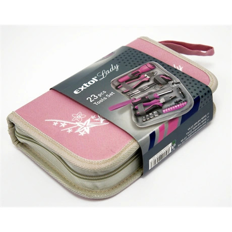 Extol Lady SZERSZÁMKÉSZLET, 23DB, 1/4"; EXTOL LADY, RÓZSASZÍN, 4 DUGÓFEJ (6-12MM), FOGÓK, CSAVARHÚZÓ MARKOLAT, MÉRŐSZALAG, BIT-EK 6595