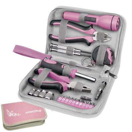 Extol Lady SZERSZÁMKÉSZLET, 23DB, 1/4"; EXTOL LADY, RÓZSASZÍN, 4 DUGÓFEJ (6-12MM), FOGÓK, CSAVARHÚZÓ MARKOLAT, MÉRŐSZALAG, BIT-EK 6595