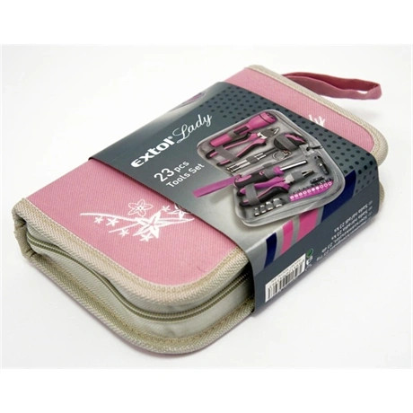 Extol Lady SZERSZÁMKÉSZLET, 23DB, 1/4"; EXTOL LADY, RÓZSASZÍN, 4 DUGÓFEJ (6-12MM), FOGÓK, CSAVARHÚZÓ MARKOLAT, MÉRŐSZALAG, BIT-EK 6595