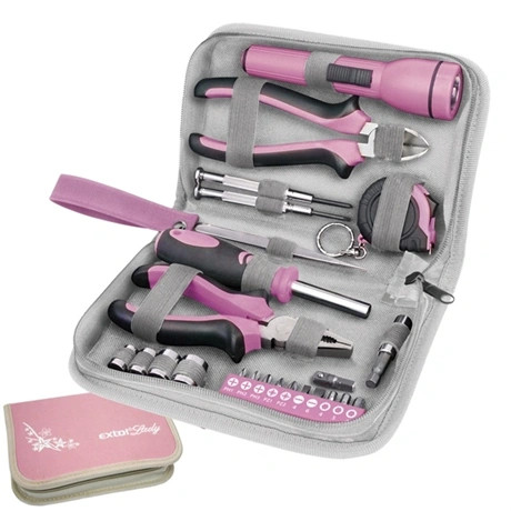 Extol Lady SZERSZÁMKÉSZLET, 23DB, 1/4"; EXTOL LADY, RÓZSASZÍN, 4 DUGÓFEJ (6-12MM), FOGÓK, CSAVARHÚZÓ MARKOLAT, MÉRŐSZALAG, BIT-EK 6595