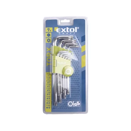 Extol Craft TORX KULCS, CR40. 9DB, EGYIK VÉGE LYUKAS, T10,15,20,25,27,30,40,45,50, BLISZTEREN 66011