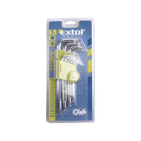 Extol Craft TORX KULCS, CR40. 9DB, EGYIK VÉGE LYUKAS, T10,15,20,25,27,30,40,45,50, BLISZTEREN 66011
