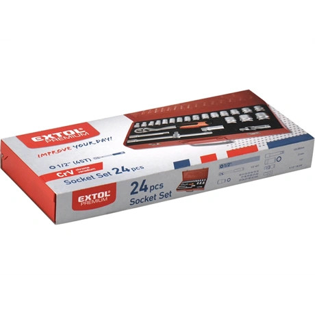Extol Premium DUGÓKULCS KÉSZLET, 10-32MM, CV., RACSNIS 45FOG, 1/2", 24DB, FÉM DOBOZ 8818365