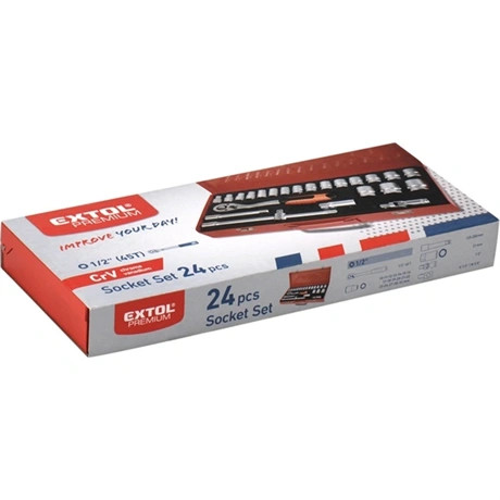 Extol Premium DUGÓKULCS KÉSZLET, 10-32MM, CV., RACSNIS 45FOG, 1/2", 24DB, FÉM DOBOZ 8818365