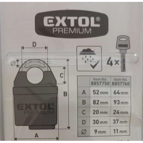 Extol Premium BIZTONSÁGI LAKAT, FESTETT, VÍZÁLLÓ, 4DB KULCS; 60MM 8857760