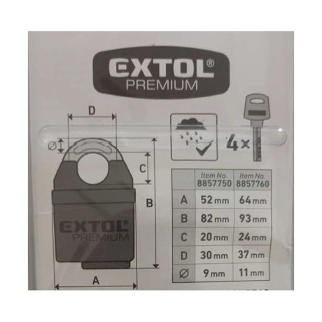 Extol Premium BIZTONSÁGI LAKAT, FESTETT, VÍZÁLLÓ, 4DB KULCS; 60MM 8857760