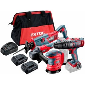   Extol Premium GÉPSZETT 20V AKKUS TÁSKÁBAN: FÚRÓ SAROKCSISZOLÓ SZABLYAFŰRÉSZ ROTÁCIÓS CSISZOLÓ 2DB AKKU+TÖLTŐ 8898314