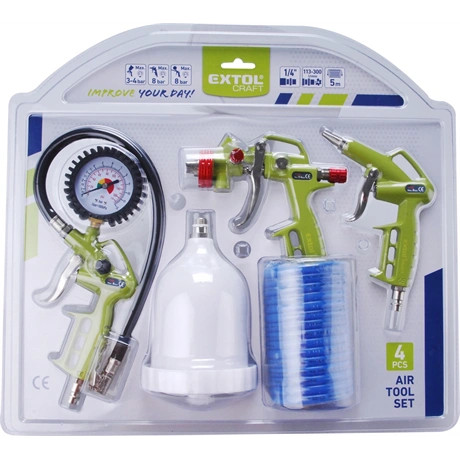 Extol Craft LÉGKOMPRESSZOR TARTOZÉK SZETT, 4DB (LEFUVATÓ PISZT. FESTÉKSZÓRÓ, ABRONCSFÚVÓ PISZT.,SPIRÁLTÖMLŐ) 99303