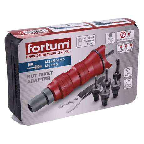 Fortum ADAPTER KÉSZLET FÚRÓGÉPHEZ, POP-NUT SZEGECSANYÁKHOZ, 6DB, M3-M4-M5-M6-M8; 1/4" HATSZÖG 4770654