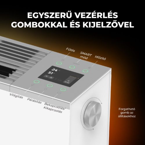 AENO AFH0001S prémium Eco Smart konvekciós fűtőkészülék, 2000 W, távolról vezérelhető, 2 fokozat, lángeffekt, 2 literes tartály, IPS kijelző, fehér
