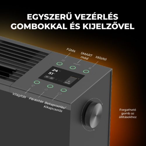 AENO AFH0002S prémium Eco Smart konvekciós fűtőkészülék, 2000 W, távolról vezérelhető, 2 fokozat, lángeffekt, 2 literes tartály, IPS kijelző, fekete