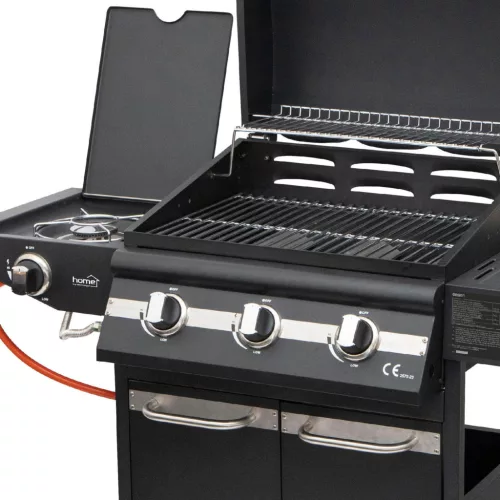 Home GRG01 gázgrill, 3 főégővel, 1 oldalégővel, 3,2 kW teljesítmény égőnként, nyomásszabályozó készlettel
