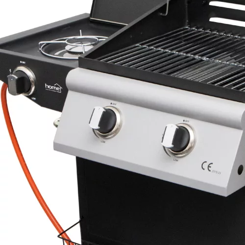 Home GRG02 gázgrill, 2 főégővel, 1 oldalégővel, 3,2 kW égőnkénti teljesítmény, 440x400 mm sütőfelület, nyomásszabályozó készlettel