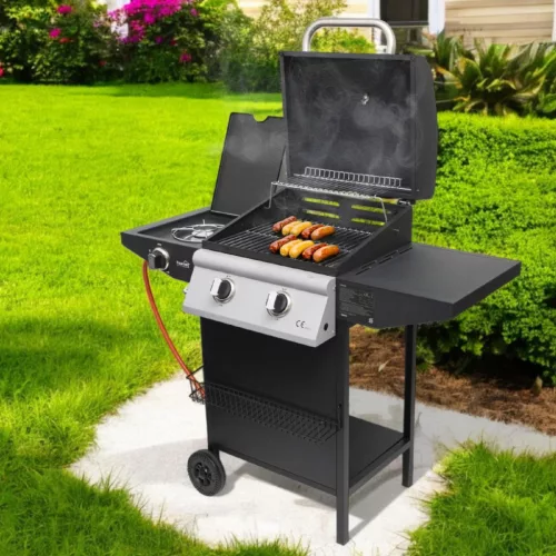 Home GRG02 gázgrill, 2 főégővel, 1 oldalégővel, 3,2 kW égőnkénti teljesítmény, 440x400 mm sütőfelület, nyomásszabályozó készlettel