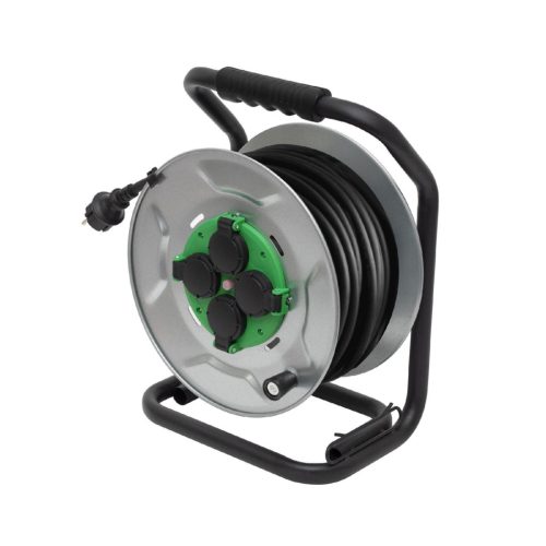 HOME HJRM2025 fém kábeldob, 25 méter, fém talp, H07RN-F 3G2,5 mm2 vezeték, 250 V~ / max. 16 A, túlmelegedés elleni védőkapcsolóval