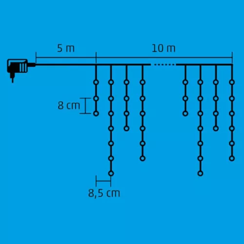 Home KAF 600L 10M LED-es sziporkázó fényfüggöny, 10 m / 600 db sziporkázó melegfehér LED, fehér vezeték, hálózati adapter, kül- és beltéri kivitel