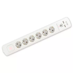   Home NVT 06K USB/WH túlfeszültség védett hálózati elosztó, 1,4 m, kapcsolós, H05VV-F 3G1,5 mm2 kábel, 6 aljzat, max. 3680W, falra akasztható, USB töltőaljzatok
