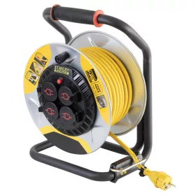   STANLEY SXECCM2FASE kültéri fém kábeldob, 25 m, IP44-es védelem, kábelvezető, masszív fém dob és láb, H07RN-F 3G1,5 mm2 kábel, max. 3000 W